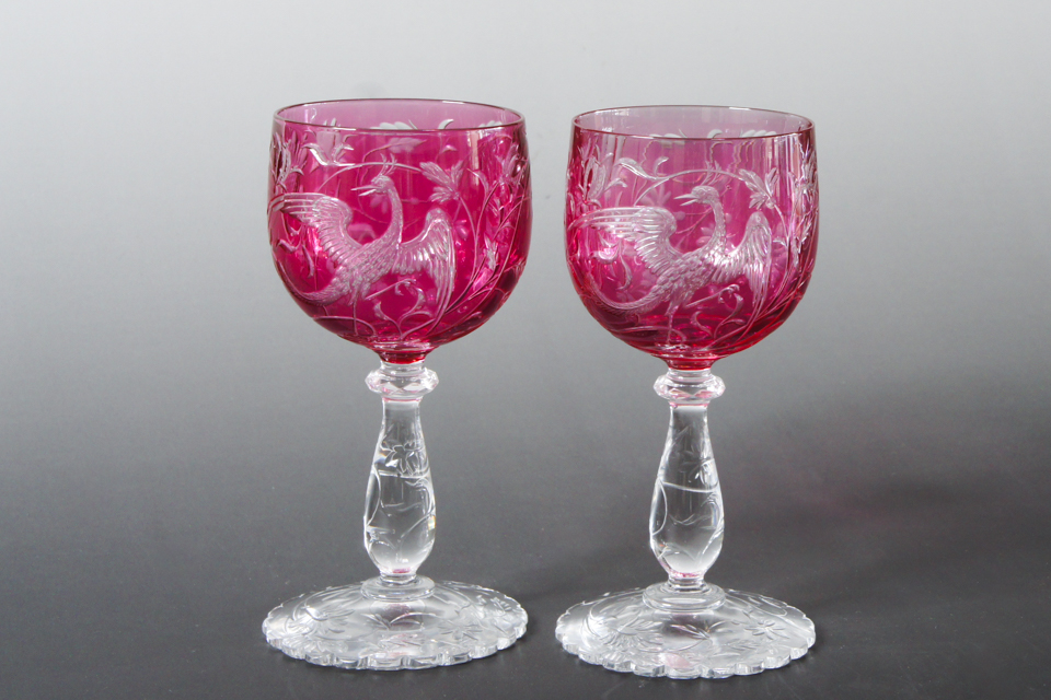 オールドバカラ「鳳凰文 赤被せガラス ワイングラス」《アンティック