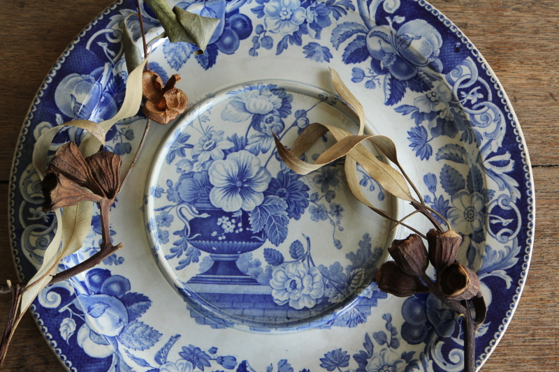 アンティークアジアティックフェザンツミートプレート ブルーアンド