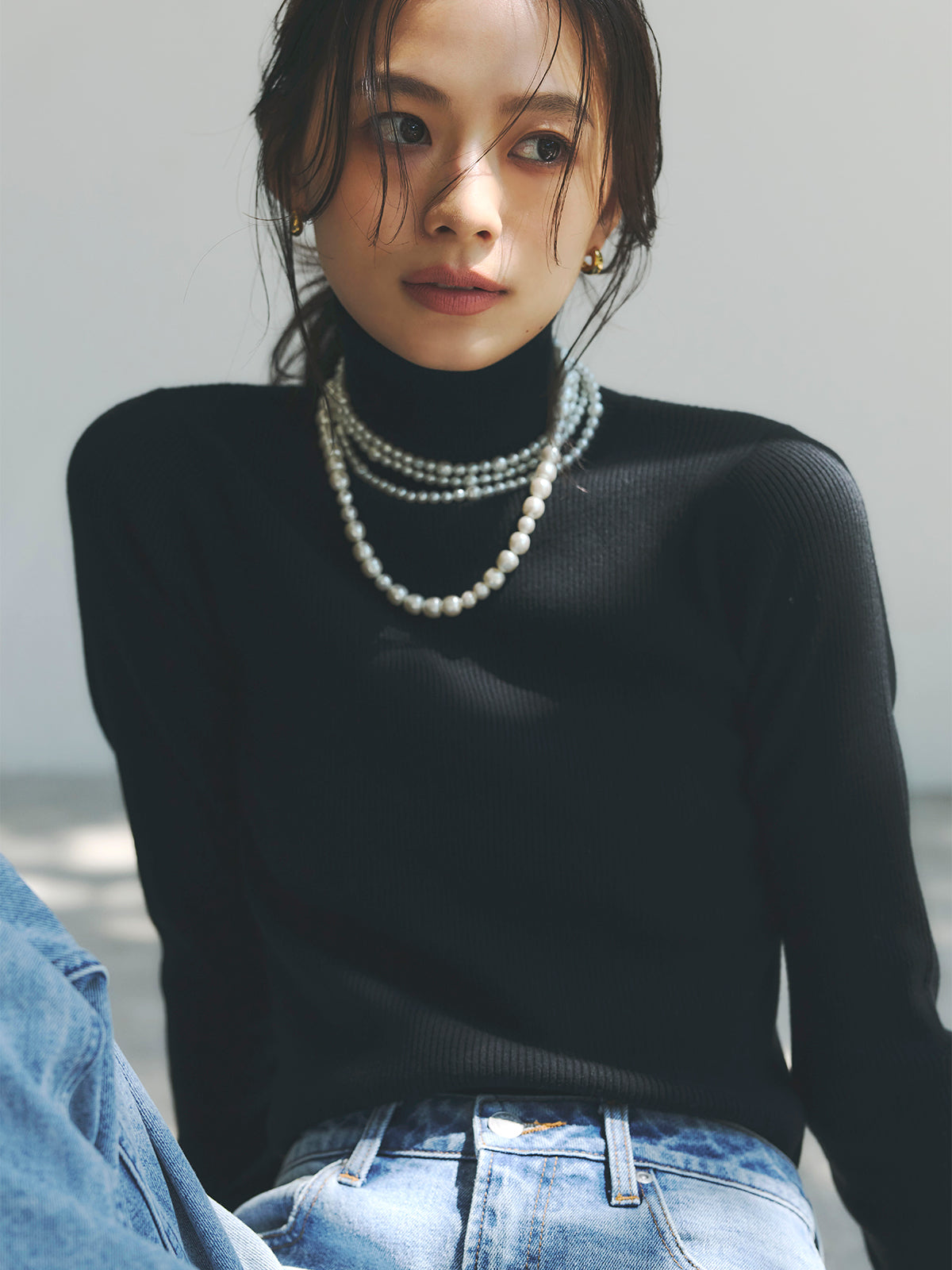 シルクカシミアブレンドフィットリブタートルニット