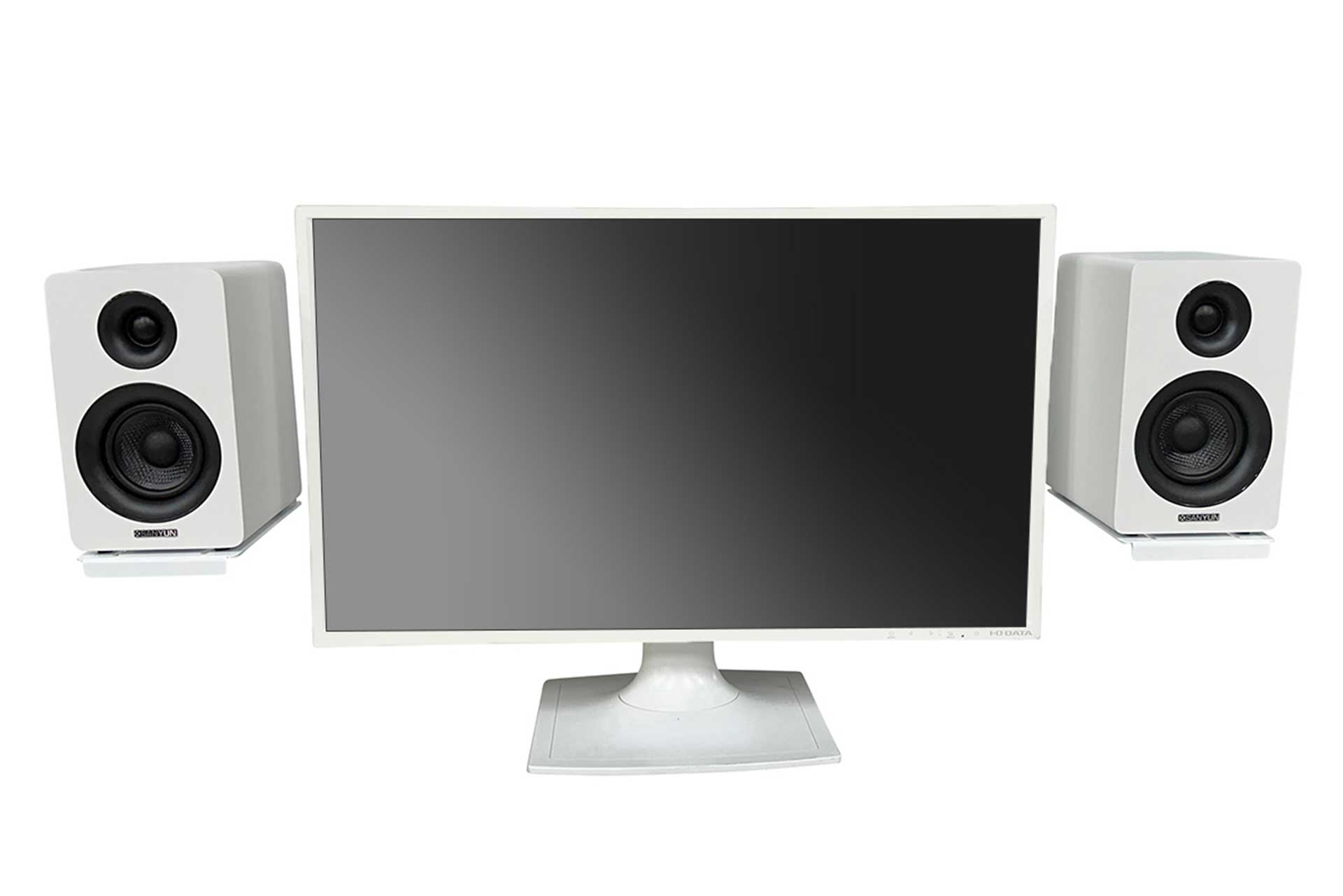 モニタ横にスピーカーを浮かせて設置するスタンドに白モデル - AV Watch