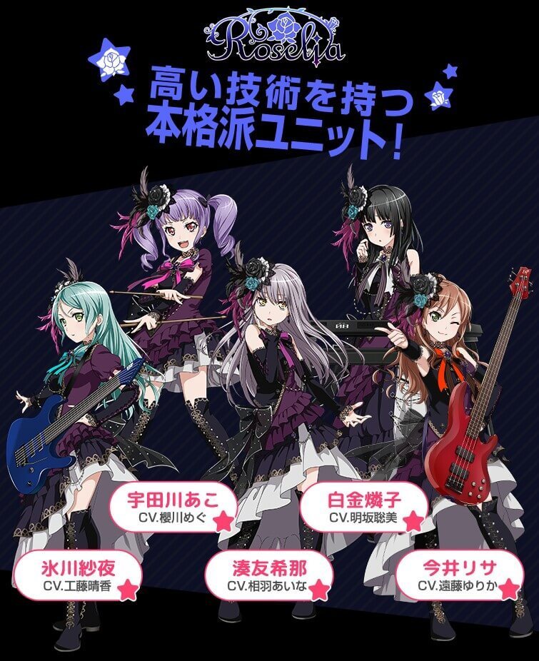 Roselia(湊友希那、今井リサ、氷川紗夜、宇田川あこ、白金燐子)の