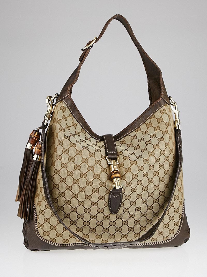 Gucci Beige/Ebony GG Canvas Bamboo New Jackie Large Shoulder Bag