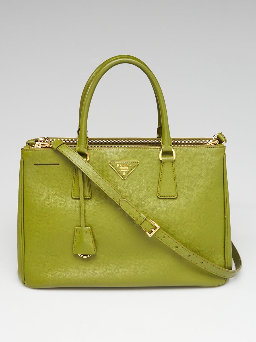 Prada Olive Green Saffiano Lux Leather Double Zip Medium Tote Bag