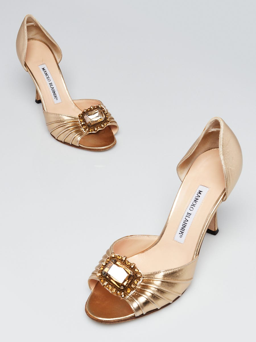 Manolo Blahnik Gold Leather Sedaraby Crystal D'Orsay Peep Toe