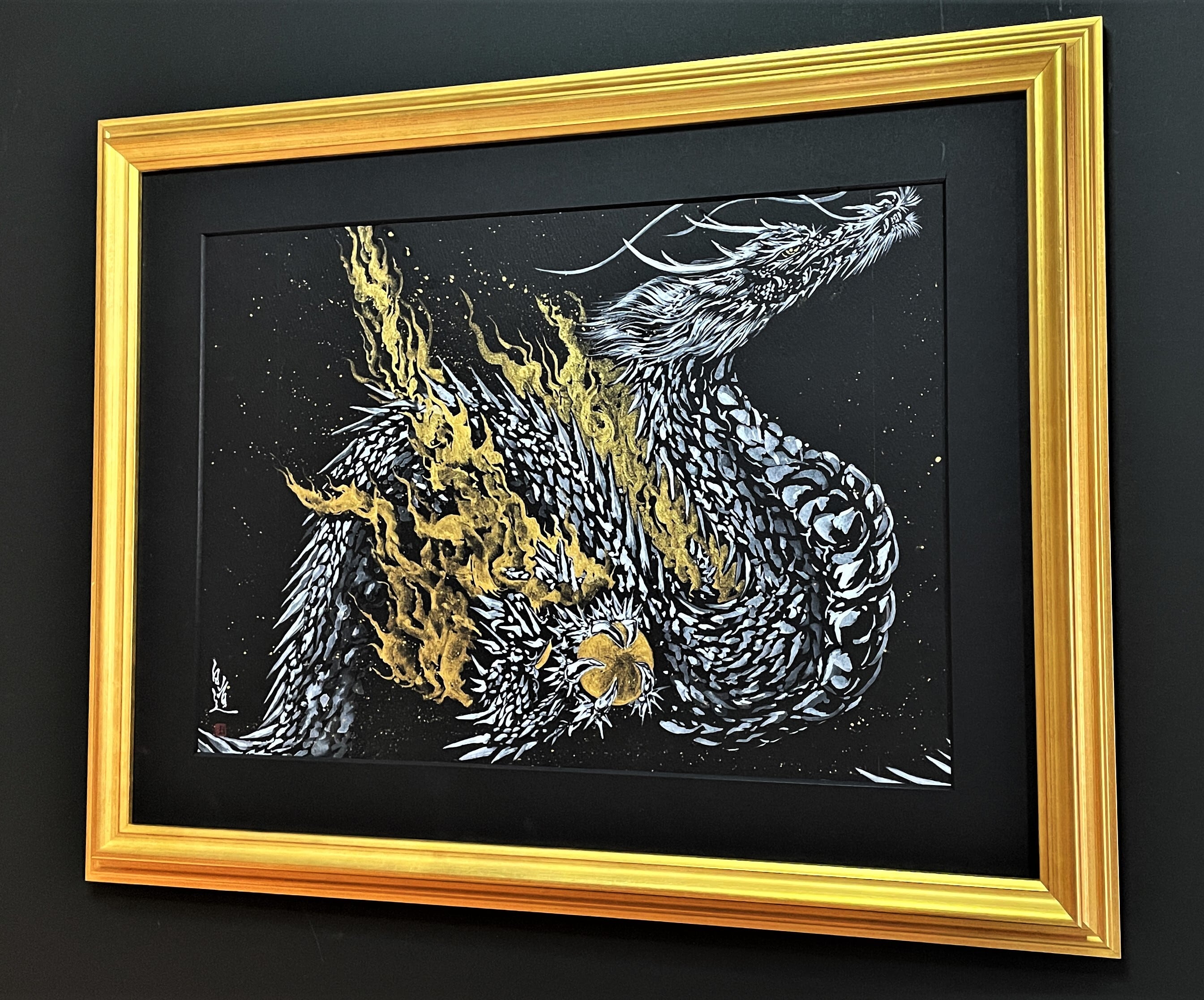 現代水墨画家 絵師白道「白龍遊覧」直筆作品 真筆証明書付 高級額装 箱