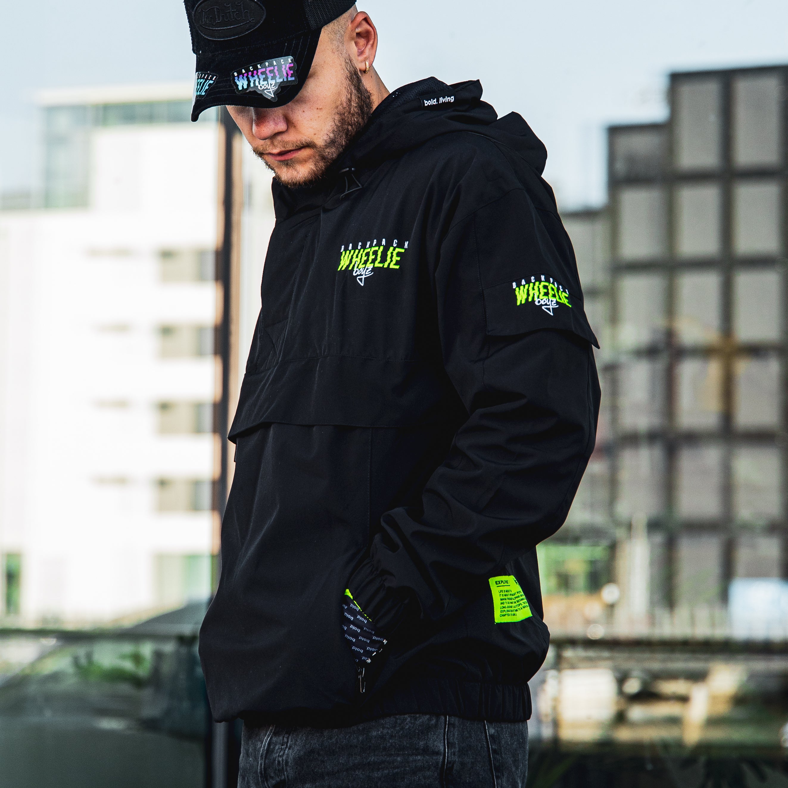 Backpackwheelieboyz Windbreaker with Fluo Yellow Embroidery