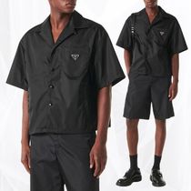 大人気☆PRADA メンズ ロゴ ナイロンボウリングカラー半袖シャツ