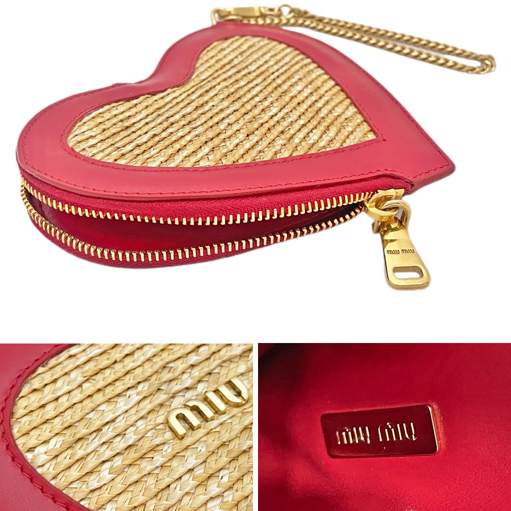 ミュウミュウmiu miuラフィアハート ストラップ付ポーチ 赤 (MiuMiu