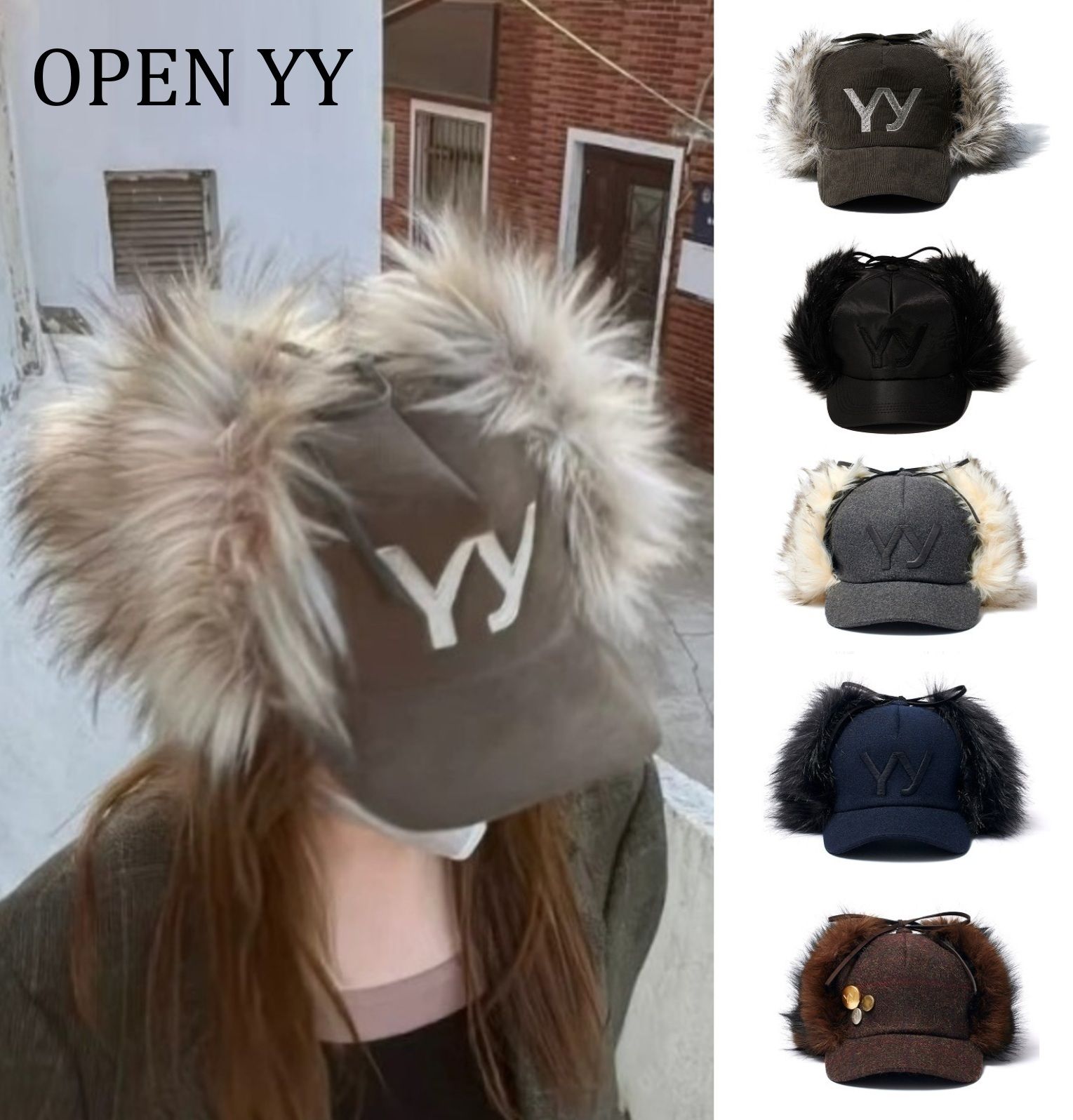 OPEN YY】FAUX FUR CORDUROY EARFLAP CAP◇ aespa着用 (OPEN