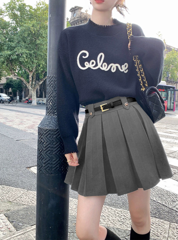 ベルトインパン裏地付きプリーツボタンミニスカート[ac2384