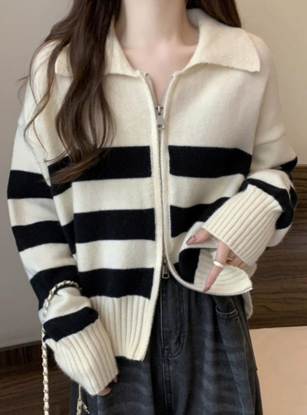 ボーダー柄ダブルジップニットトップス[at2116] | レディース