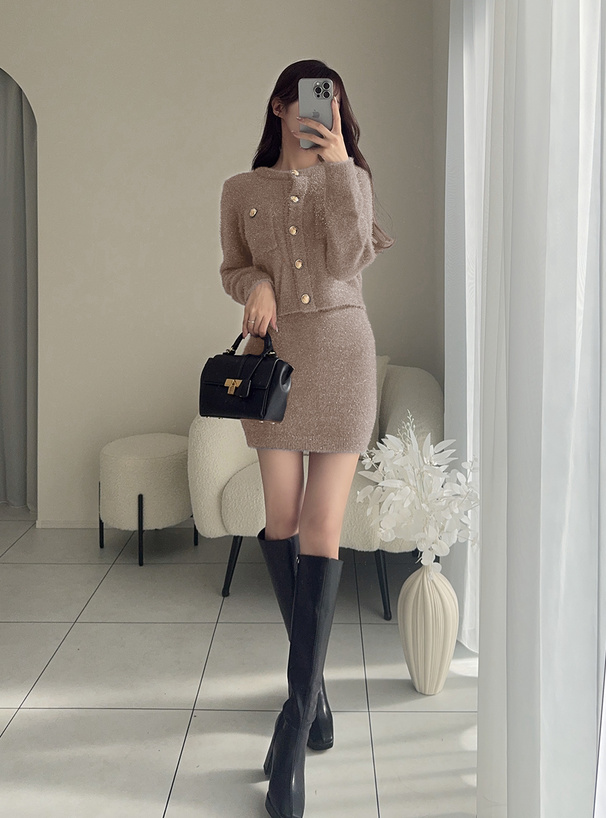 ラメフェザーニットカーディガン×ミニスカートセットアップ[kz617