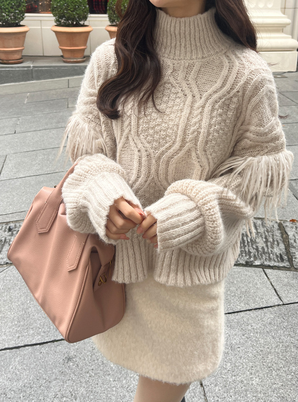 フリンジケーブル編みハイネックニットトップス[kz641] | レディース