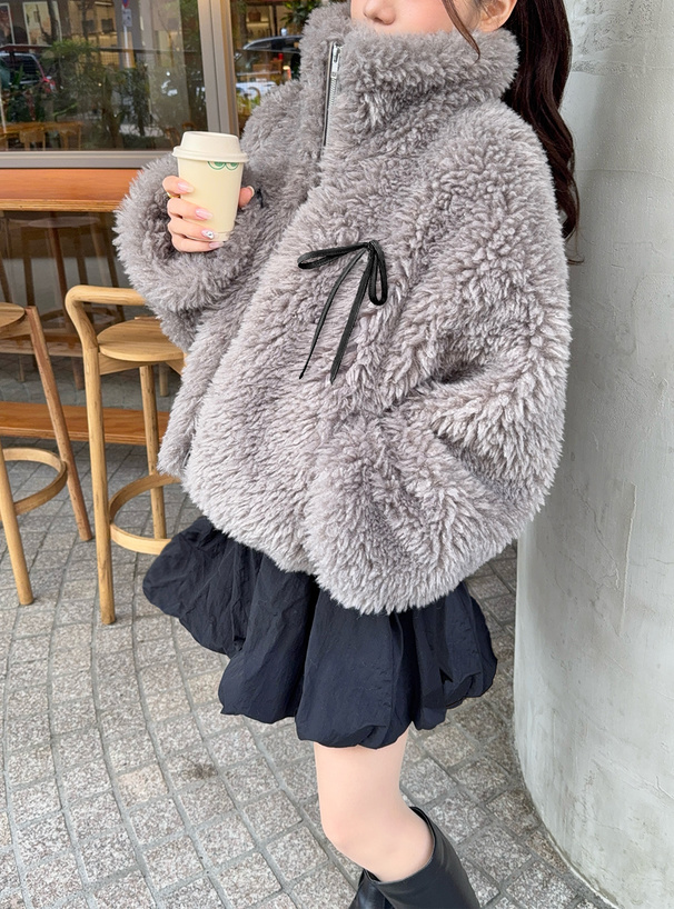 リボン付きボアショート丈ジャケット[on329] | レディースファッション