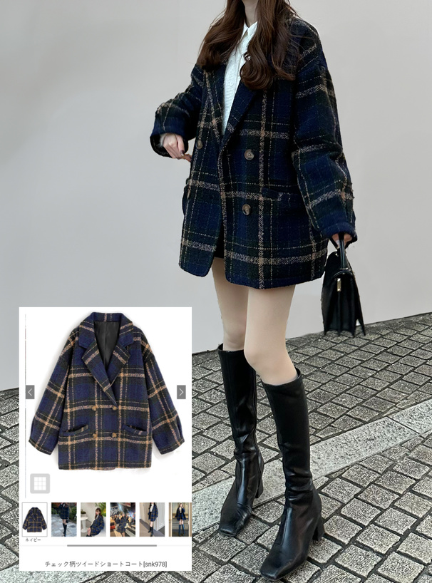 チェック柄ツイードショートコート[snk978] | レディースファッション