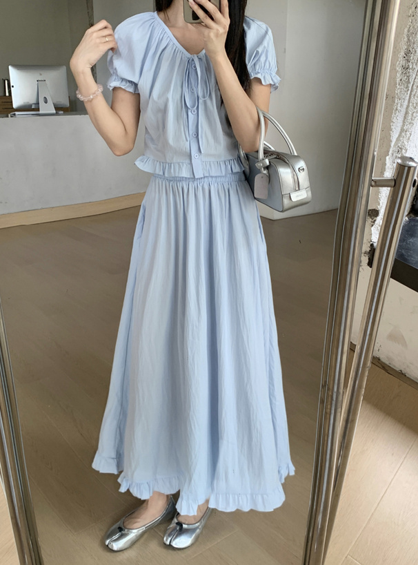 リボンフリルブラウス×フレアロングスカートセットアップ[sd138