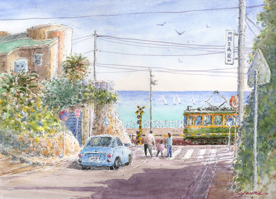 水彩画原画 江ノ電・鎌倉高校前踏切16 ＃678 | iichi 日々の暮らしを