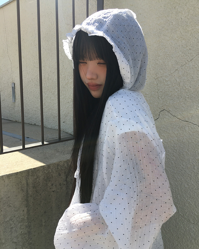 MD pick/サマーウインドブレーカー] フリルフード付き裾ドロストドット