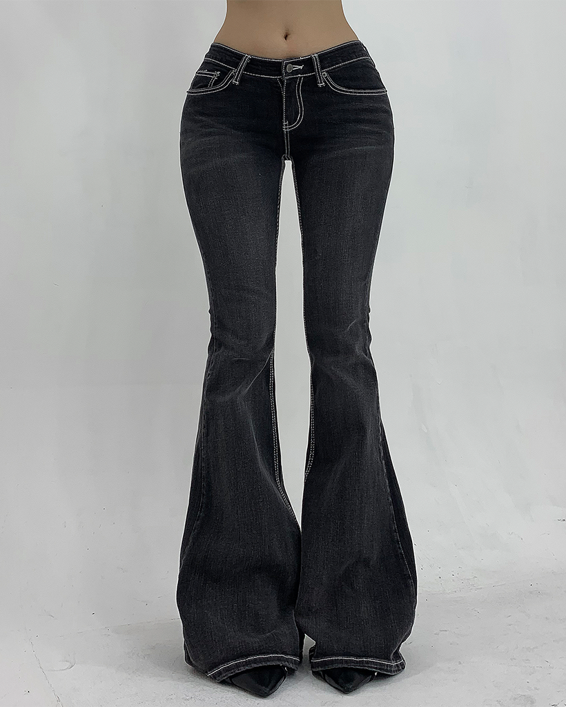 グレーステッチローライズブーツカットデニムパンツ | ファッション