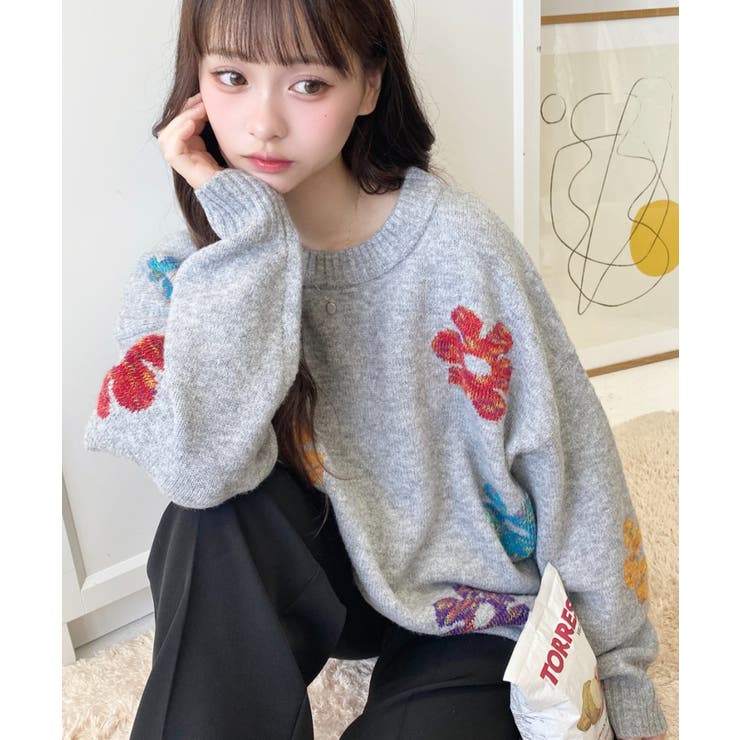 ミックスカラーフラワージャガードニットプルオーバー6G[品番