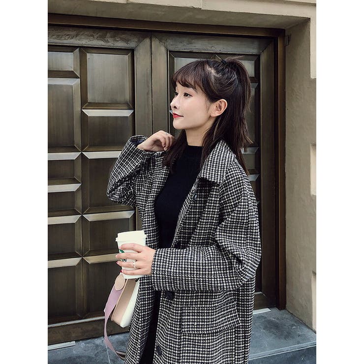 ステンカラーコート チェスターコート 千鳥格子柄 ロング丈 長袖[品番