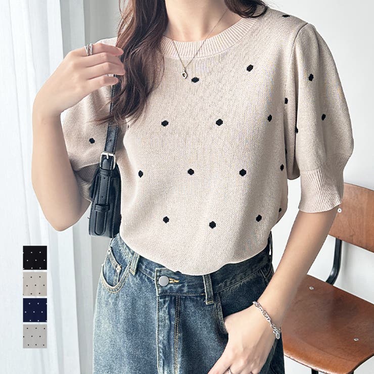 ドット柄ジャカードサマーニットトップス（半袖）[品番：GERW0010224