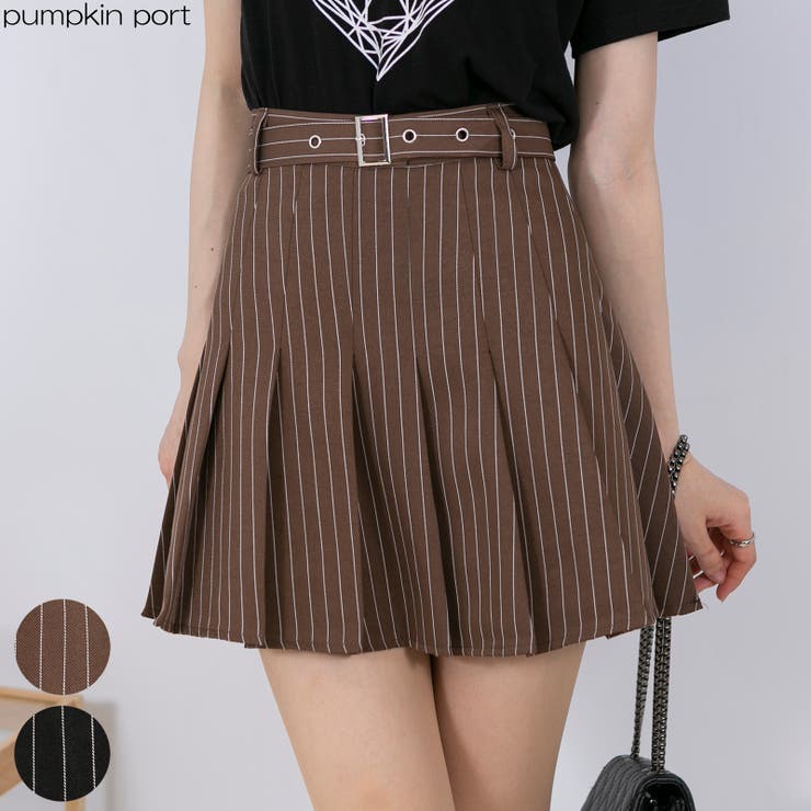 インパン付 ベルトセット ストライプ プリーツミニスカート[品番