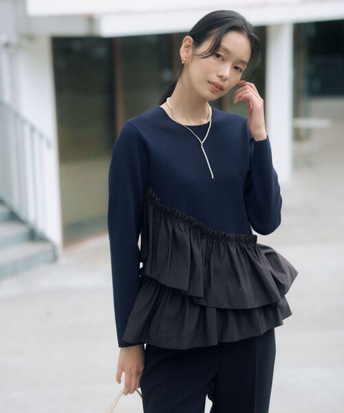 セール】タフタ ドッキング ペプラム プルオーバー ニット