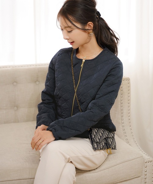 セール】2WAY ショート丈 キルティング ノーカラー中綿 ジャケット le