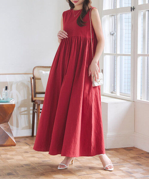 フレンチスリーブ・ノースリーブ]前後2Wayリネンタッチマキシ丈