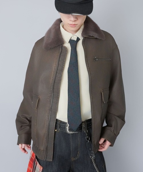 合皮A-2フライトジャケット/ボア襟/ダブルジップ/2WAY/フェイクファー
