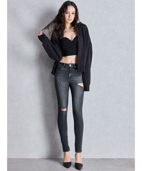 ミドルウエストサイドリップドスキニーデニムパンツ（デニムパンツ