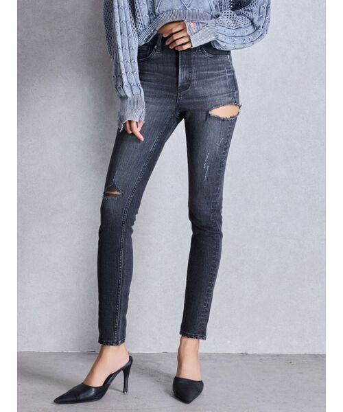 ミドルウエストサイドリップドスキニーデニムパンツ（デニムパンツ