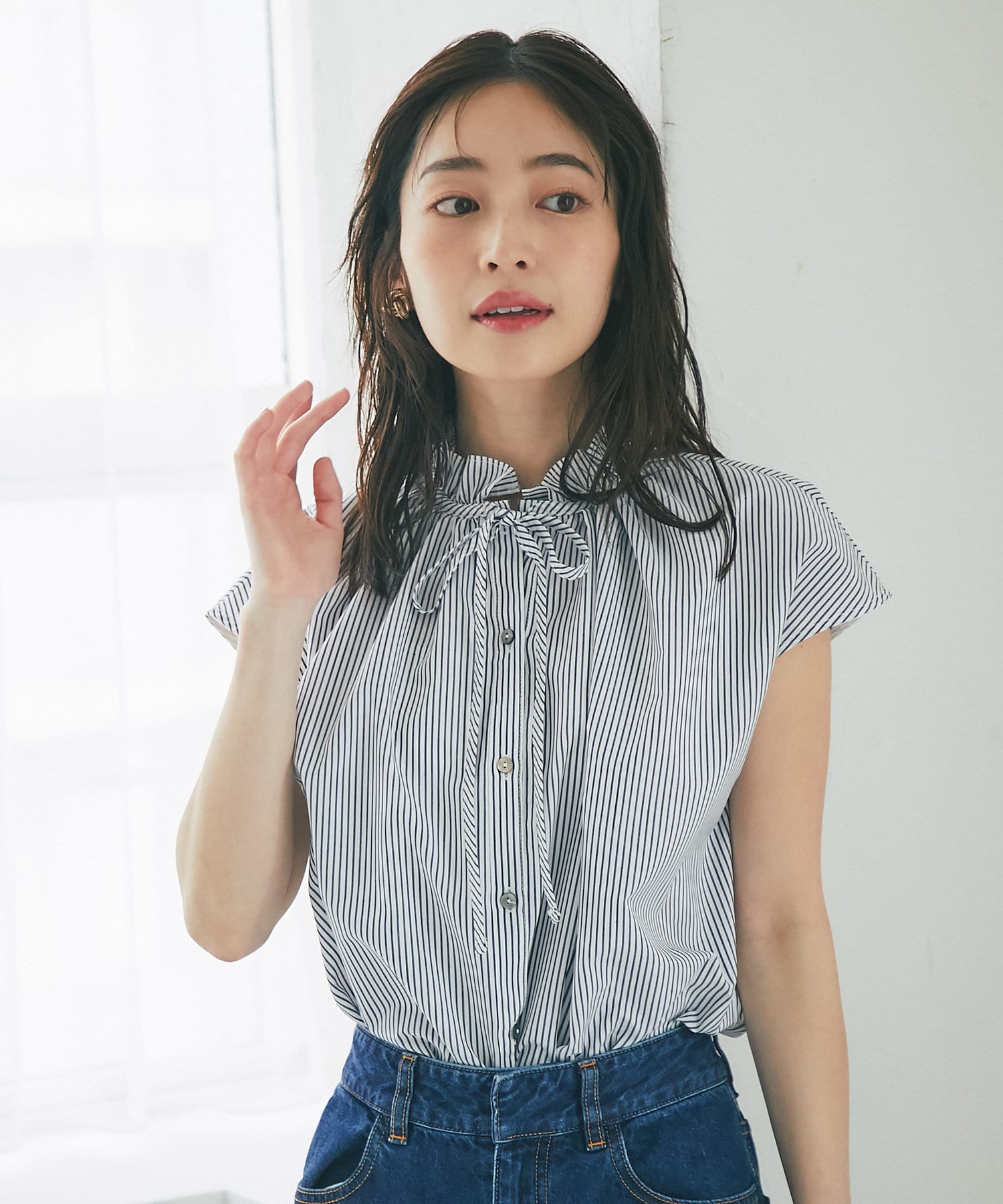 ストライプフリルリボンフレンチブラウス | La boutique BonBon(ラブ