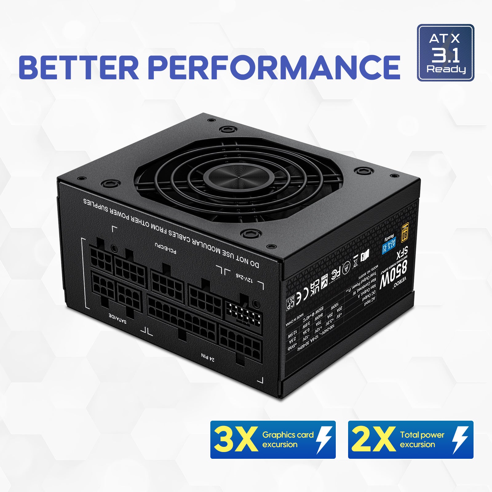 Vetroo 850W SFX Power Supply ATX 3.1 & PCIE 5.1 Ready, 80 Plus