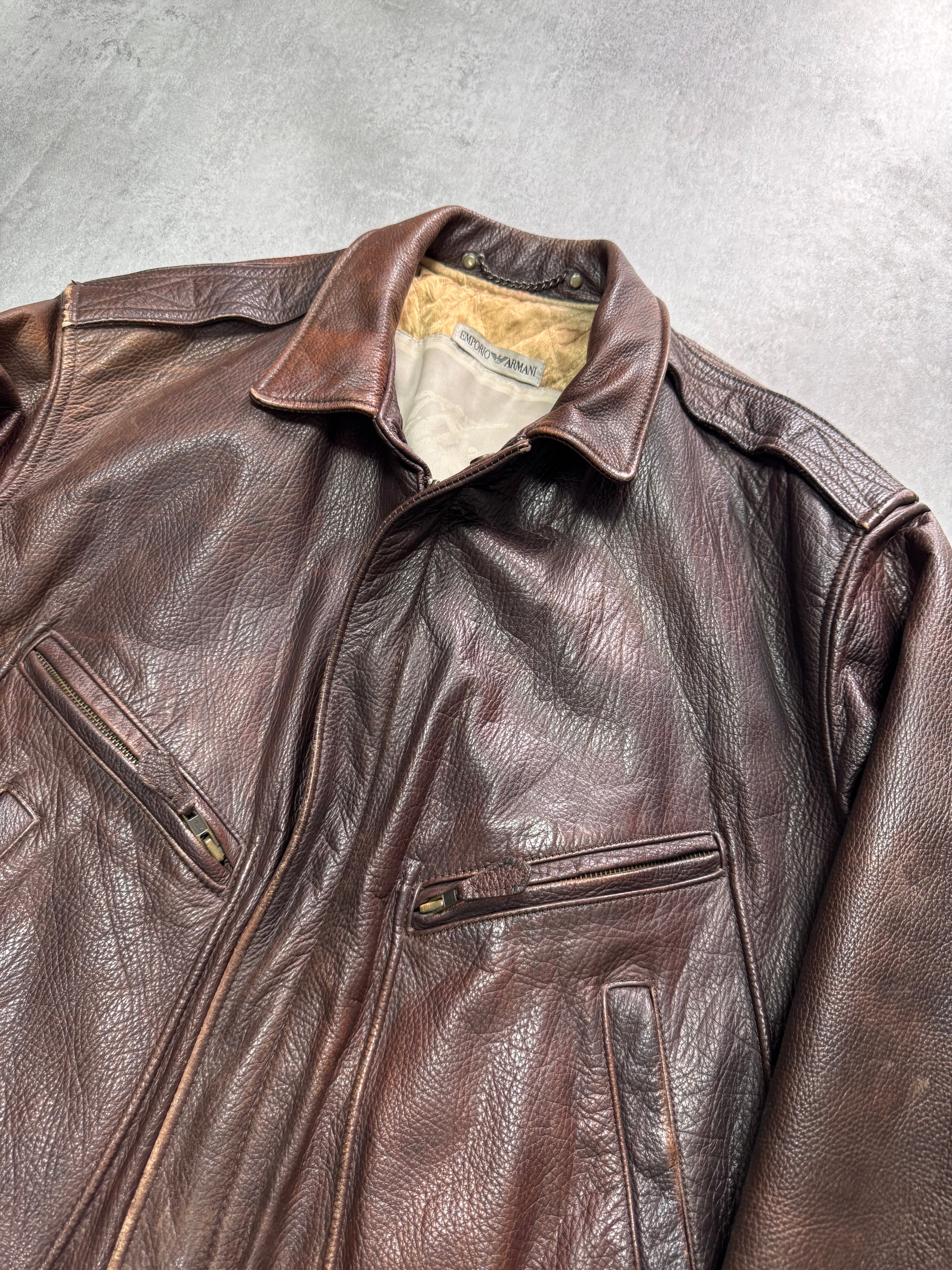 1990s Emporio Armani Brown Classic Bomber Leather Jacket (M