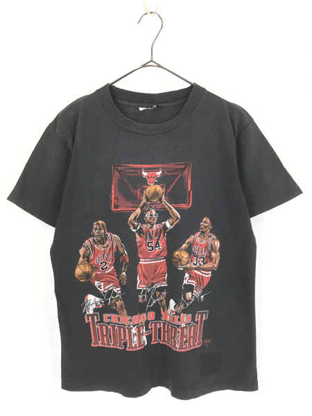 古着 90s NBA Chicago BULLS ブルズ 「TRIPLE-THRERAT」 Tシャツ M位