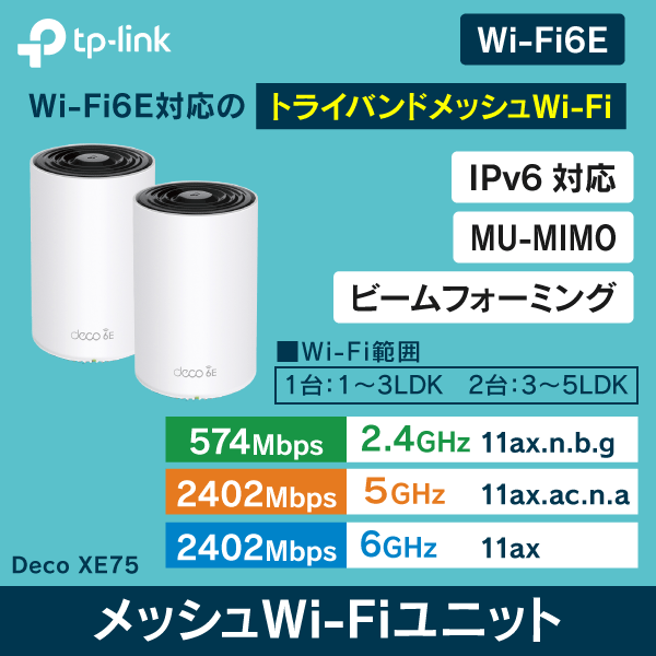 TP-LINK】 メッシュWi-Fiユニット Deco XE75（2台セット）|Wi-Fi機器