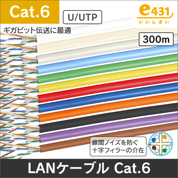 LANケーブル 300m巻 Cat.6 カテゴリー6 フリーコイル巻 レッド(赤
