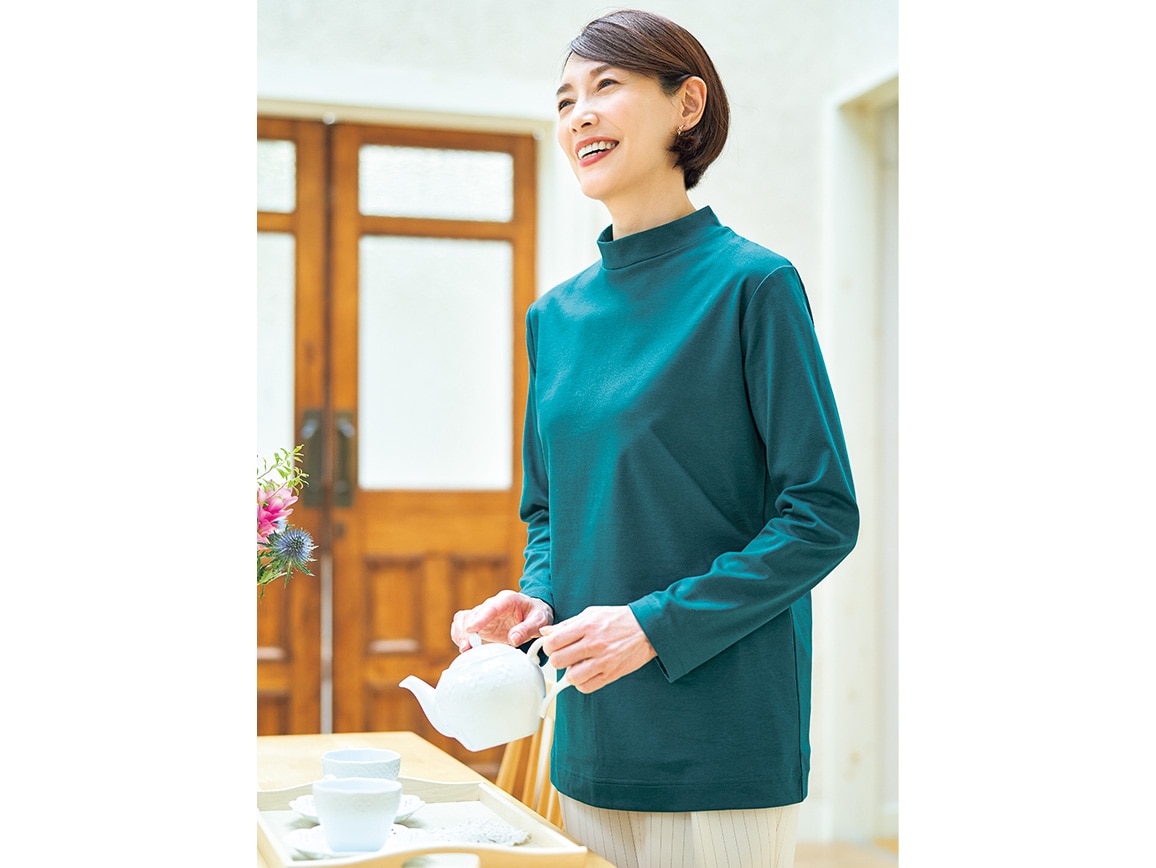 日本製 超長綿 セミハイネックロングプルオーバー(02_M 57_ピーコック