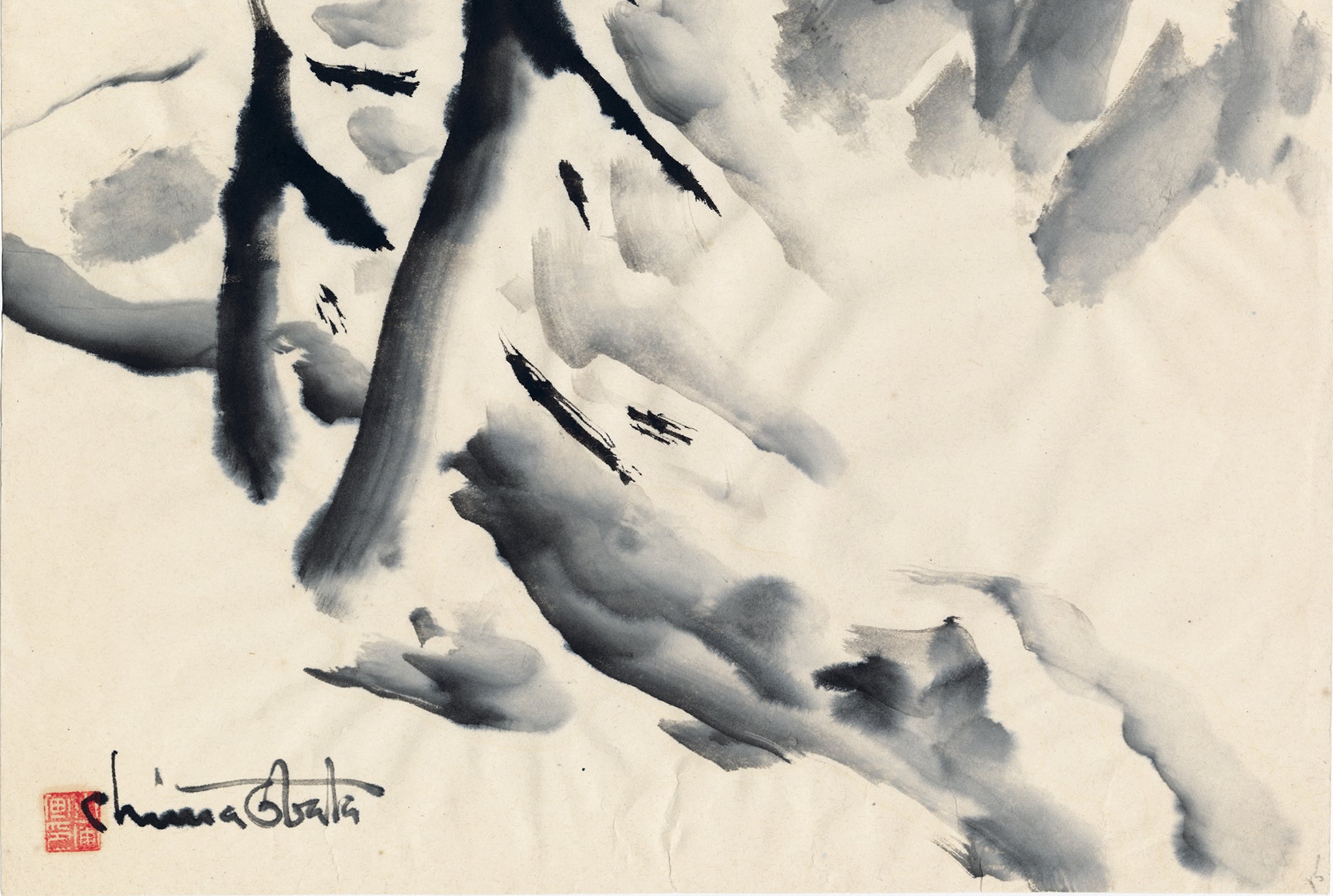 小畑：雪を積んだ山の斜面の松 水墨画（販売終了） – Egenolf Gallery