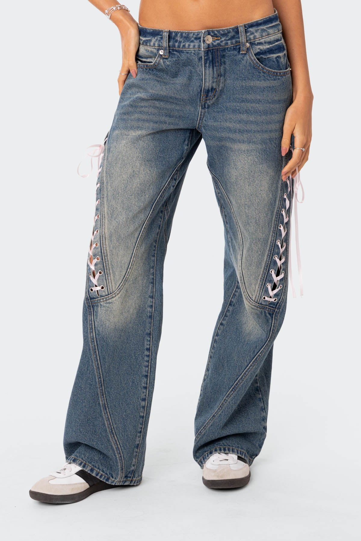 Ribbon Lace Up Low Rise Baggy Jeans – edikted
