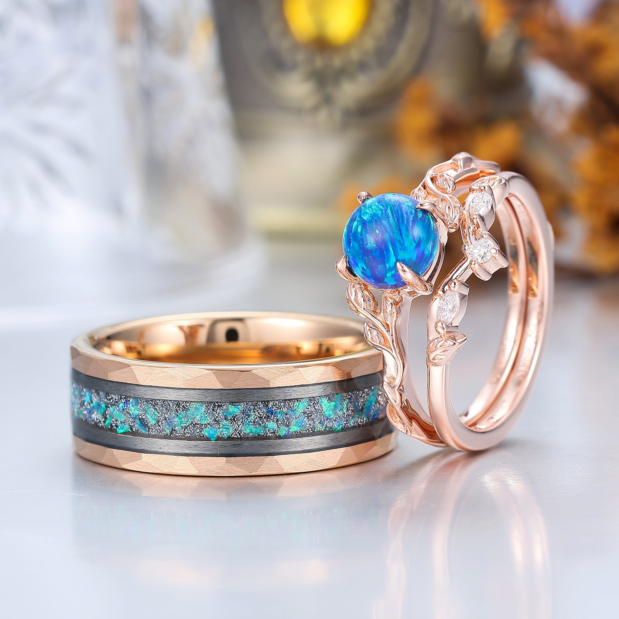Dainty Peacock Green Opal Foliage Couple Rings Set Oceans Promise