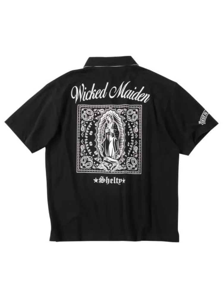 ブラック 【SHELTY(シェルティ)】鹿の子刺繍&マリアプリント半袖