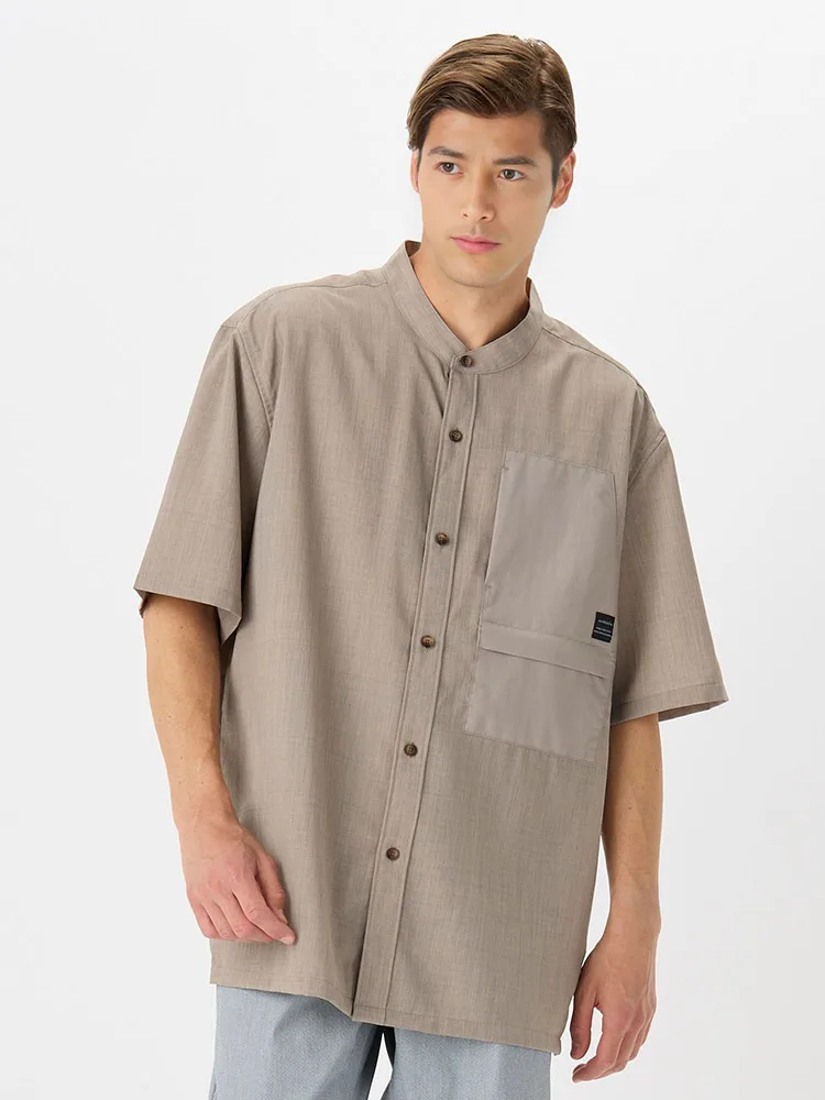 ベージュ 【MAMbosok(マンボソック)】麻調異素材ポケットバンドカラー