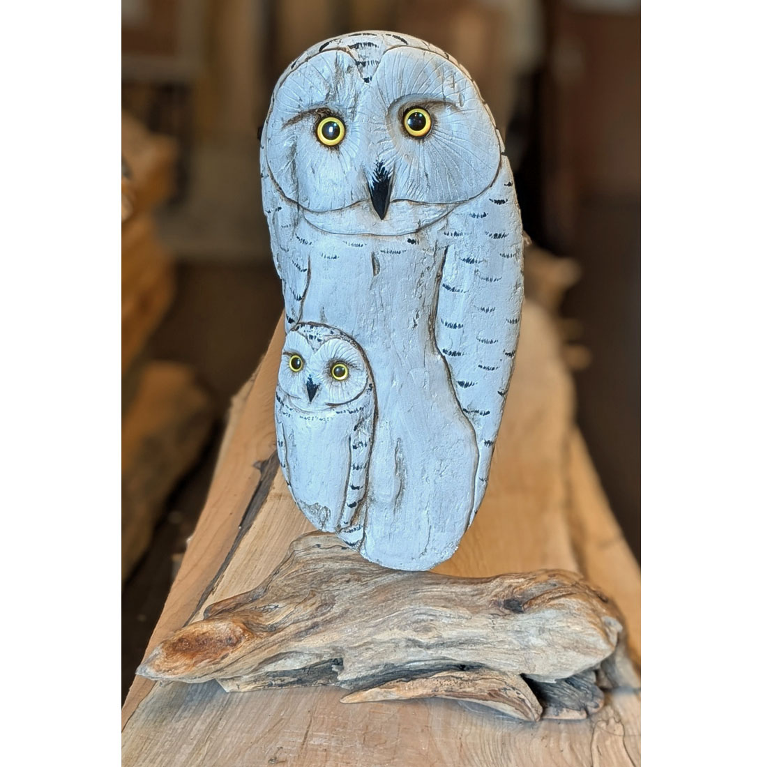 Driftwood Snowy Owl Mom and Baby #2, 20 x 15 x 6 - Forest Gems Gallery