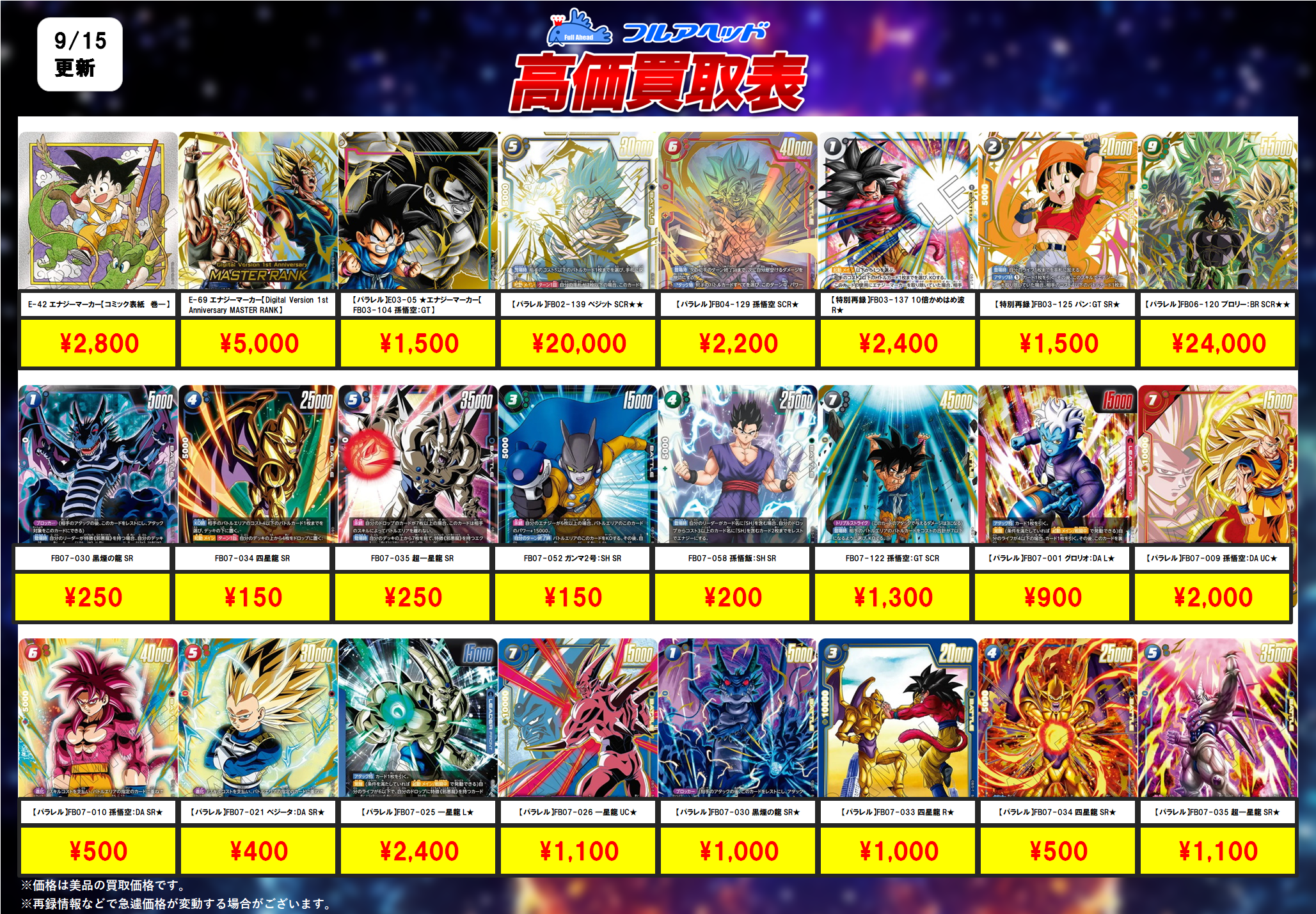 ドラゴンボールフュージョンワールド】買取表、販売価格の調整を行い
