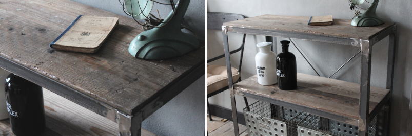 無骨なアイアンの風合いと 古材の雰囲気のある素材感が魅力なアイアン