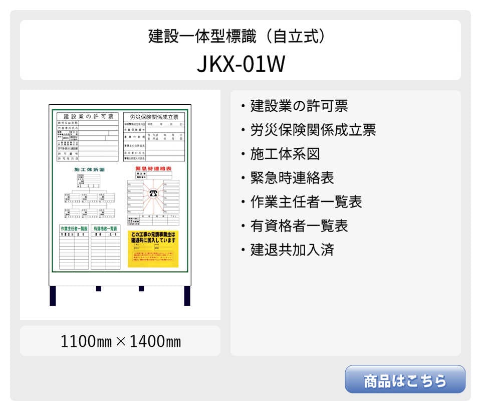 建設一体型標識 JKX-01W】【1台】自立式鉄枠付き 建設業の許可票