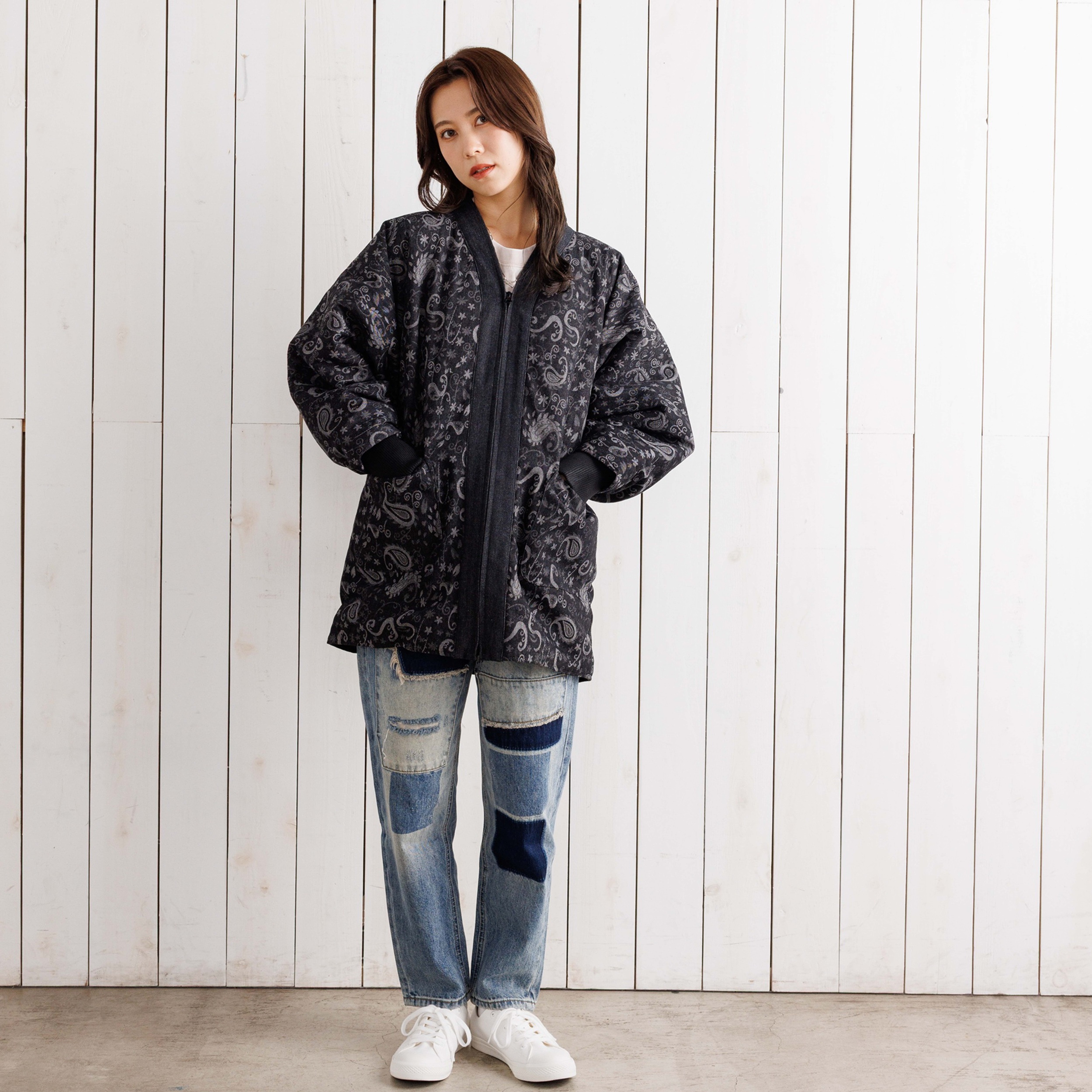 寒風寒波上等デニム半纏（ハンテン）ペイズリー柄BLACK | Godisru